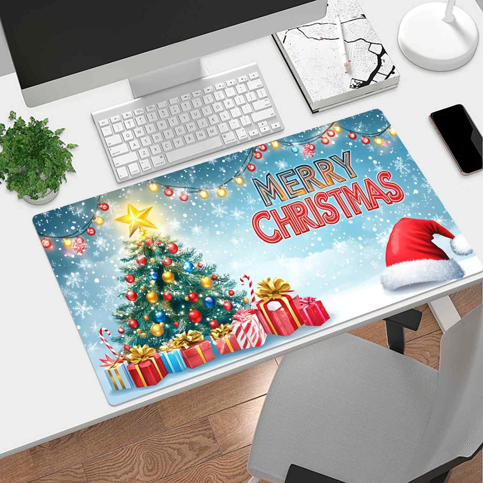 White Snowflake Green Christmas Tree Desk Mat for Keyboard and Mouse Desk Pad - Image 2 of 4