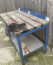 Heavy Duty Work Bench Table, Blue Metal Frame, Wooden Top, Bottom Shelf