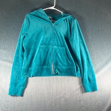 Juicy Couture Women's Hoodie Size L Teal Velour Zip-Up Pocket Polyester Blend MB
