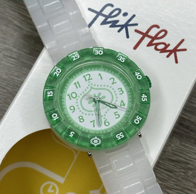 NEW  Swatch Flik Flak GREEN SUMMER BREEZE White Green 36mm Kids Watch ZFCSP013