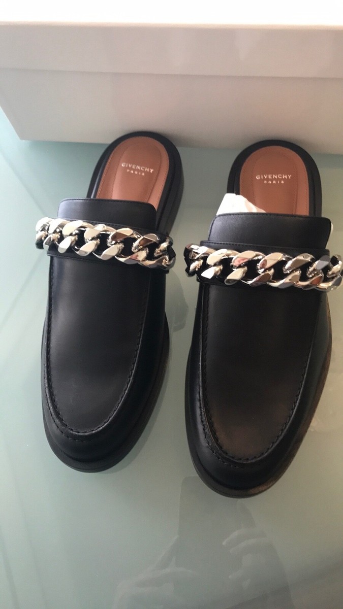 Givenchy Black Leather Silver Toned Chain Mules Flat Shoe