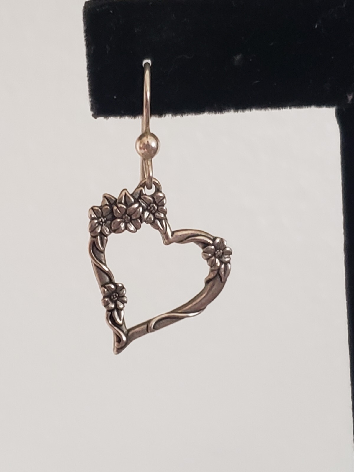 EARRINGS HEART DANGLE FLOWER PATTERN STERLING SIL… - image 3