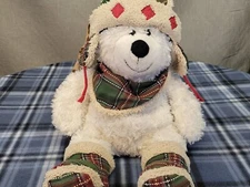 Hugfun International Plush White Teddy Bear With Plaid Hat Boots Soft Toy 17"