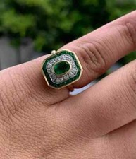 Vintage Art Deco Oval Emerald  Lab Created Diamond Halo 925 Silver Wedding Ring