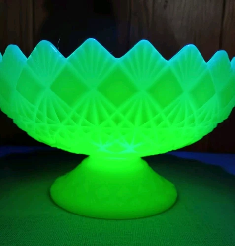 Fenton Candle Bowl Custard Uranium Glows Geometric Pattern MCM Art Deco