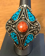 Tibetan Turquoise  Coral Adjustable Ring.  T-6