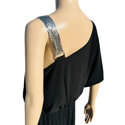 Black Jumpsuit Asymmetrical Top With Silver Metal Accent Shoulder Strap Sz 16