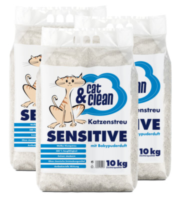 3x 10kg = 30kg Cat & Clean  Katzenstreu Sensitive mit Babypuderduft Klumpstreu 