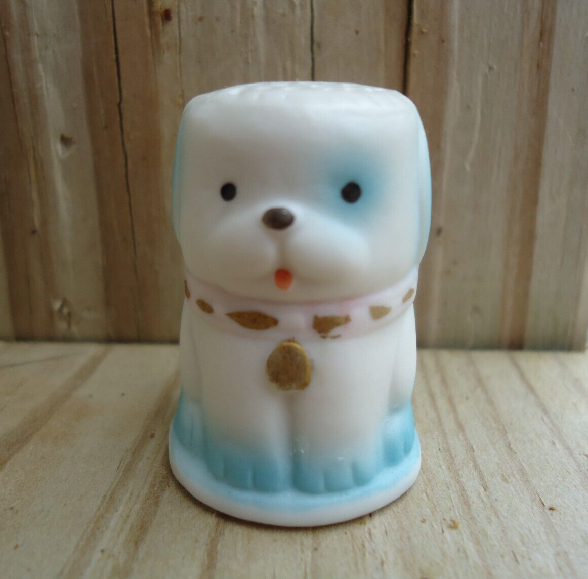 VTG Kitschy Blue Dog Thimble Hand Painted Ceramic Sewing Notion Collectible Art
