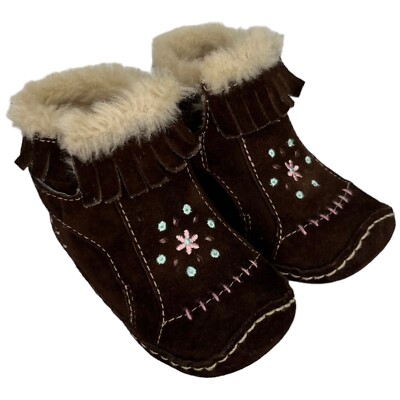 Stride Rite Leather Chincilla Moccasin Booties Embroidered Girls Brown 3