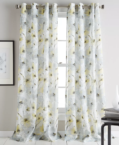 DKNY Modern Bloom Floral/Flower Sheer Grommet Single Curtain Panel, Yellow - 第 1/7 張圖片
