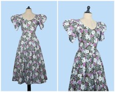 Vintage 80s Puffed Sleeve Floral Sundress, 1980s Tea Length Cotton Day Dress