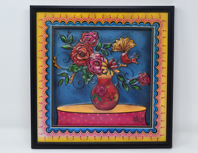 Lorilynn Simms textural 3-D Art Print colorful vase floral matching frame 14'' 