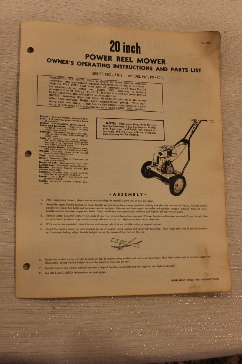 Hahn Eclipse 20 INCH POWER REEL MOWER 5101 PP-520R MANUAL PARTS ORIGINAL  VINTAGE