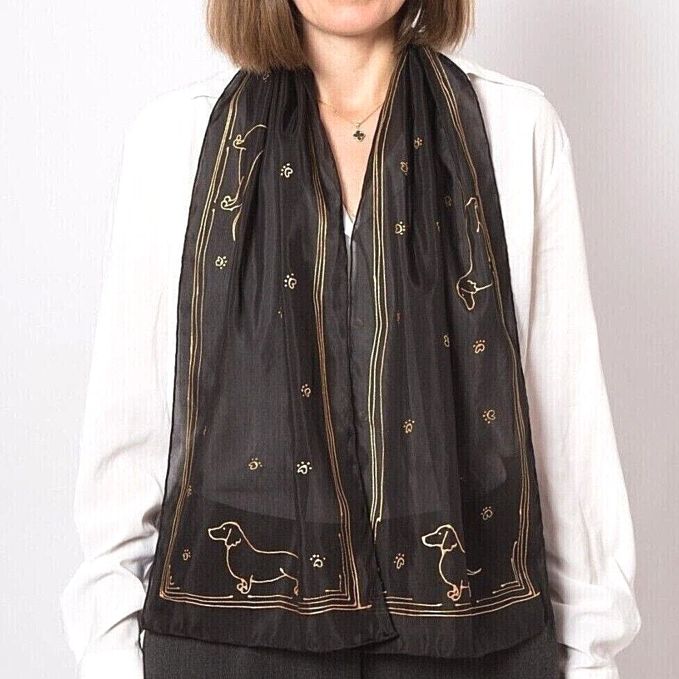 Dachshund Hand Painted Silk Cotton Scarf Black Scarf Dog Scarf Dog Lover Gift