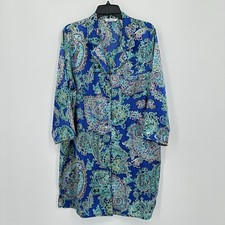 Delicates Satin Sleep Shirt Nightgown L Blue Paisley Floral Button Up Nightie