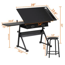 Drafting Table Adjustable Drawing Artist Desk Tilted Tabletop w/2 Drawers Stool