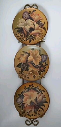 Home Interiors Decorative Floral Bouquet Plates 8" Set Of 3 With Plate Holder