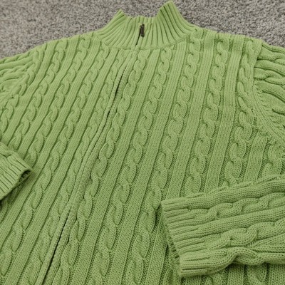 LL Bean Jacket Womens L Green Aran Cable Knit Zip Sweater Fisherman Sweatshirt