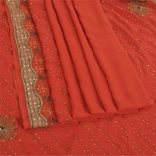 Sanskriti Vintage Red Sarees Georgette Hand Beaded Sari Floral 5 Yd Craft Fabric