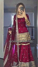 Latest Heavy Vichitra Silk Maroon Top Palazzo With Dupatta For Party Wear
