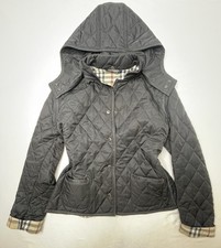 Vintage BURBERRY London Quilted Jacket Hooded Black Nova Check Made n England 14