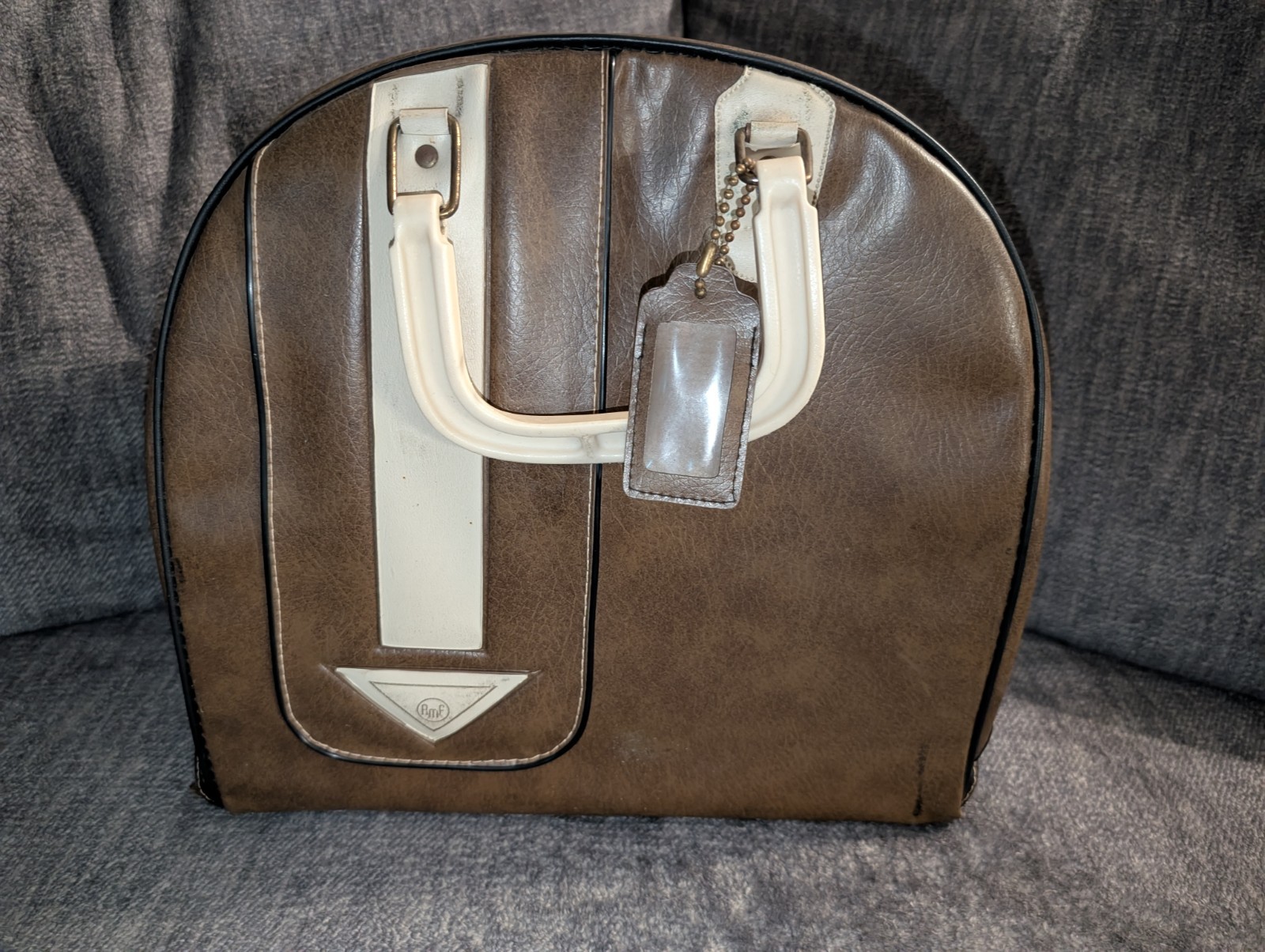 Vtg AMF White & Brown Leather Single Bowling Ball Bag Metal 