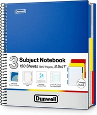 Dunwell 3-Subject Spiral Notebook College Ruled 8.5x11 (Blue), 8.5x11", Blue 