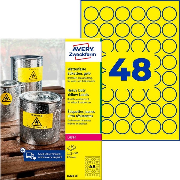 Avery Zweckform Wetterfeste Folienetiketten L6128-20 Gelb 30,0 X 30,0 Mm, 20...-image