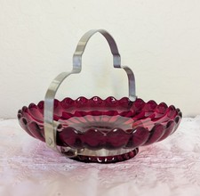 Vintage Ruby Red Glass Basket Dish with Silver Tone Metal Handle   Scalloped...