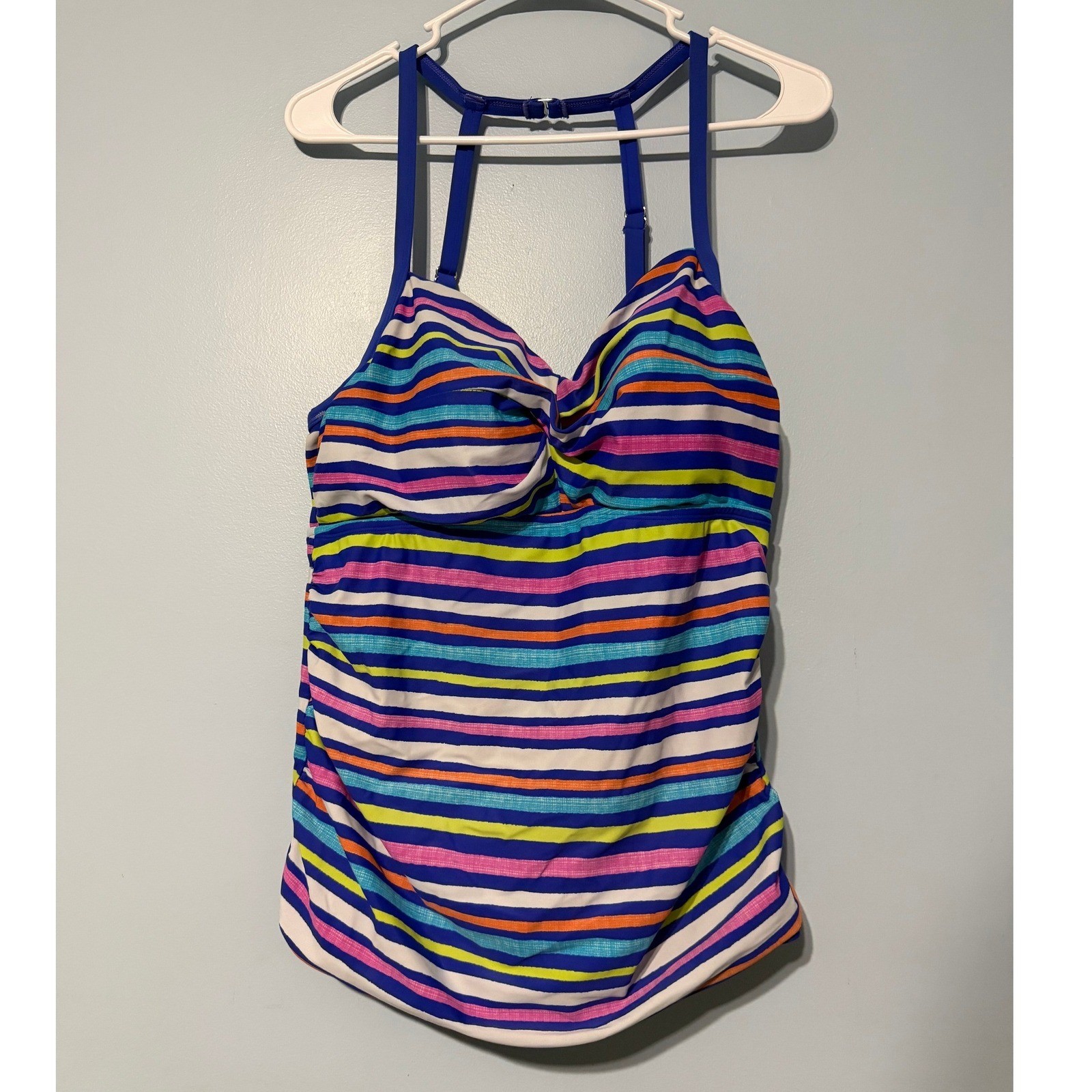Lands End Women's 16 Multi Color Striped Tankini Swim Top Racerback Blue Pink