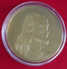 Christian Gold Plated Coin - Catholic Medal - Face Of Jesus & The Last Supper 