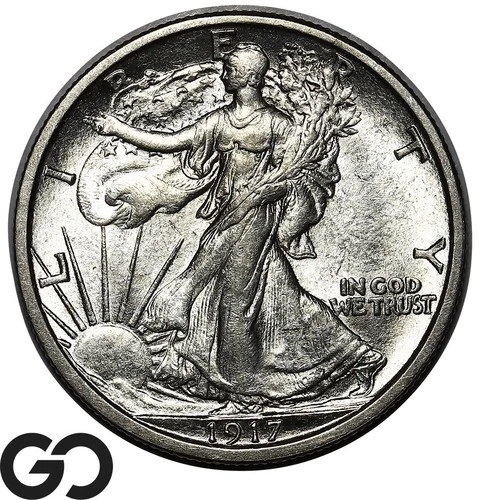 1917 Walking Liberty Half Dollar, Nice Mint Luster, Brilliant Unc++, Tough Date!