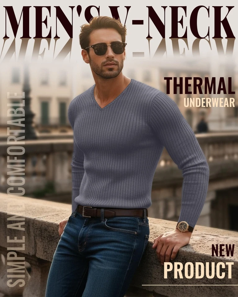 Paquete de 4 camisas de algodón térmico de manga larga acanaladas con cuello en V para hombre otoño invierno... Foto 2 de 4