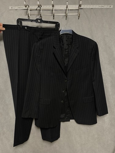 Ralph Lauren Suit Men 44L Black Stripe 3B Wool Academia Career 36x32 Pants Luxe