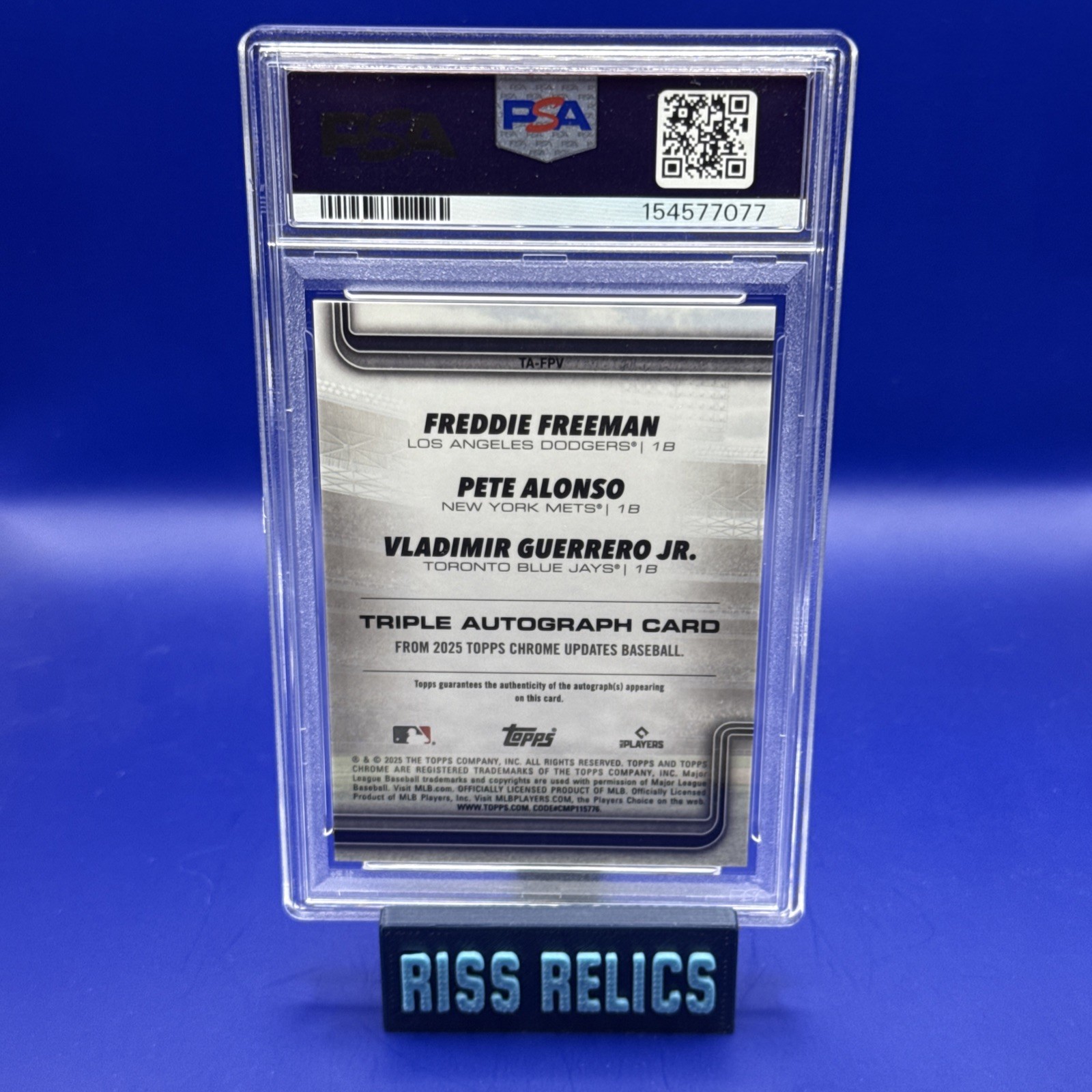 2025 Topps Chrome Update Triple Auto Black /10 Freeman/Alonso/Guerrero Jr PSA 9 view 2