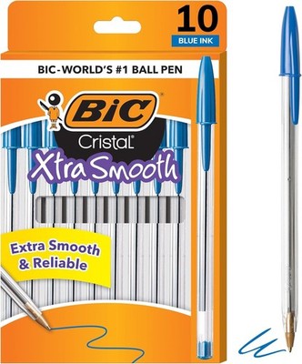 BIC Cristal Xtra Smooth Ballpoint Pen, Medium Point (1.0mm) Blue 10-CT.