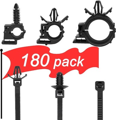 180Pcs Wire Loom Clips for Car Push Mount Zip Ties Assortment /180Pk, Black 