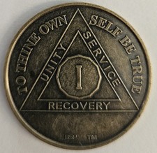 1 Year Alcoholics Anonymous AA Bronze Medallion Coin Sobriety Chip One.