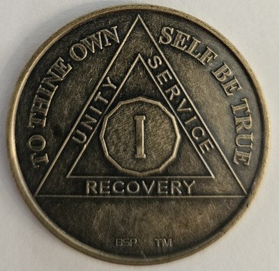 1 Year Alcoholics Anonymous AA Bronze Medallion Coin Sobriety Chip One.