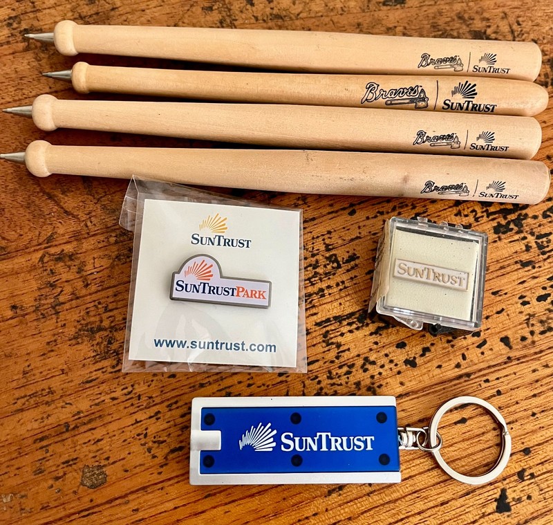SUNTRUST  Pins, Key Chain Flashlight & ATLANTA BRAVES Wooden Pens  