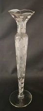 clear glass bud vase etched with flowers 1950's