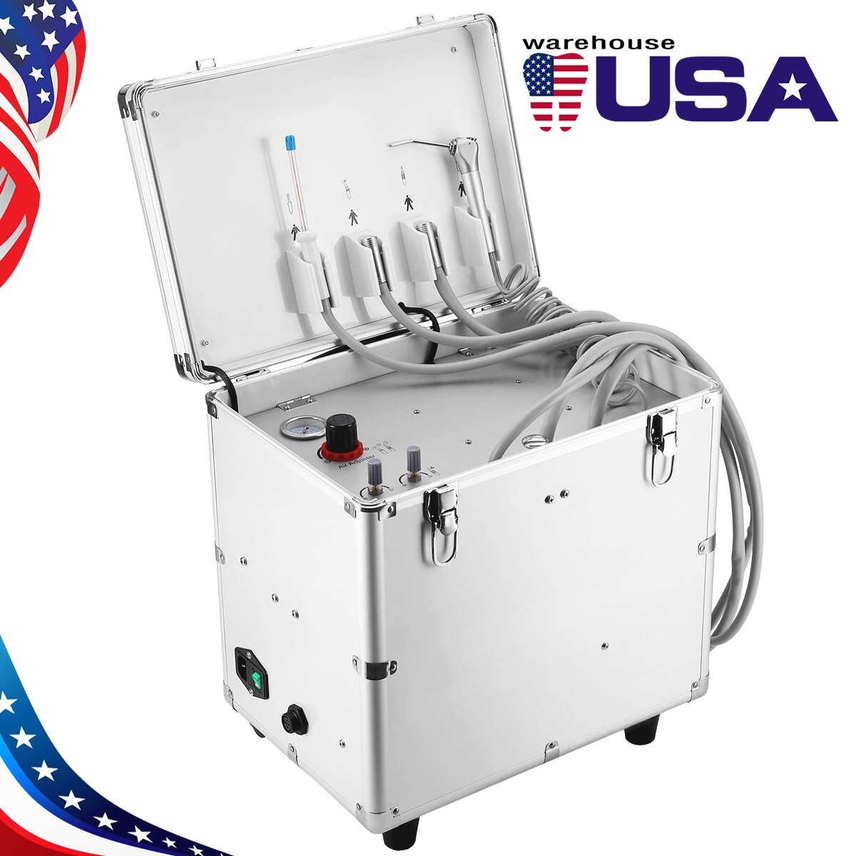 Portable Dental Mobile Delivery Unit Rolling Case Air Compressor Suction 4 HOLES