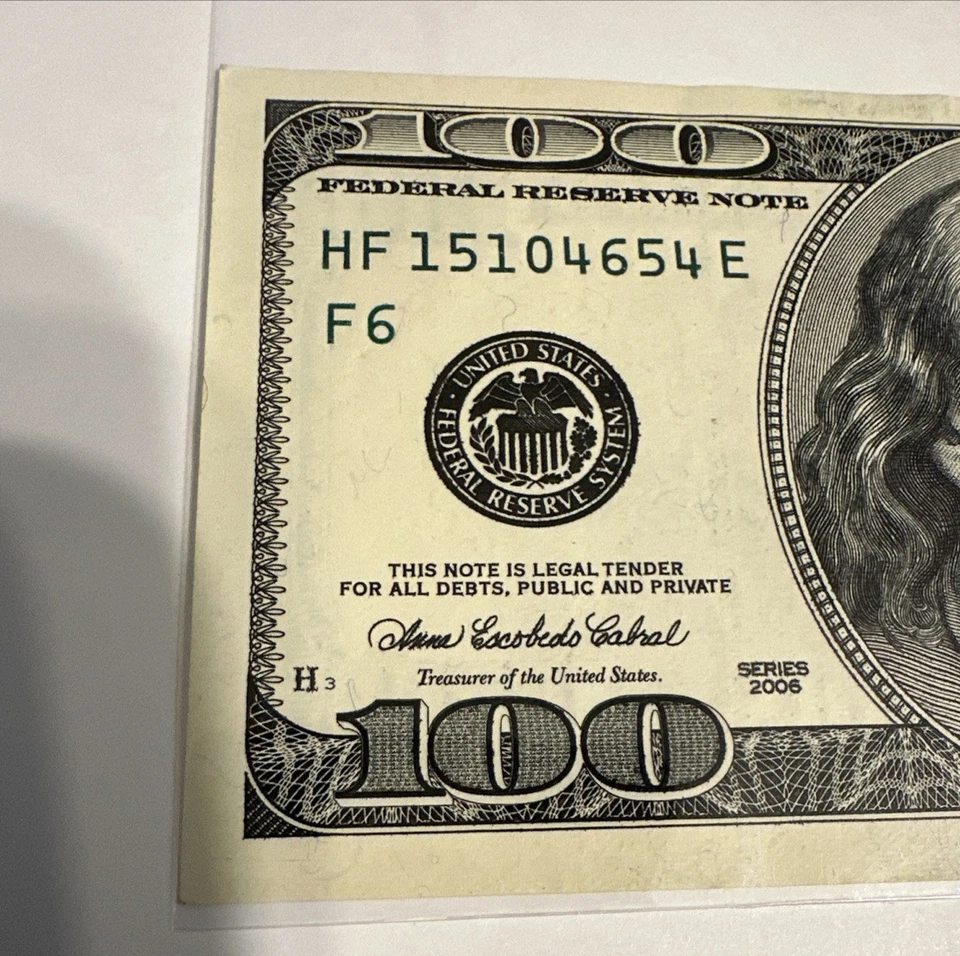 $100 Bill UNCIRCULATED 2006 - Older Style FRN FANCY Serial F6 With Print Errors - Image 3 of 4