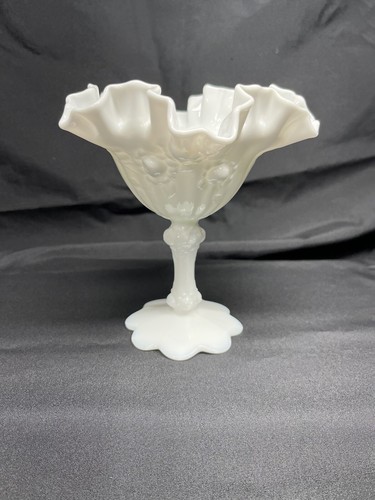 MCM Vintage Fenton Milk Glass Cabbage  Rose Pedestal Compote Candy Dish USA