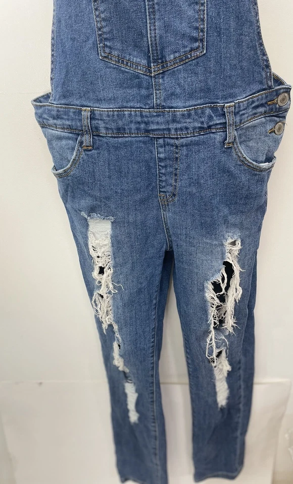 Papaya Jeans Women's Denim Long Distressed Cutoff Overalls Size L Wash B14 - Image 2 of 4