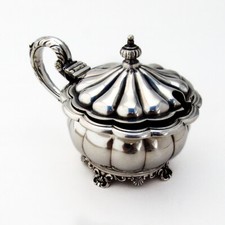 Birks Lobed Mustard Pot Foliate Handle Cobalt Glass Liner Sterling Silver