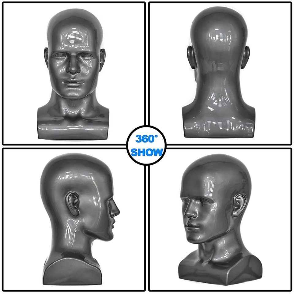 Silver Grey Male Mannequin Head Stand for Wigs Displays Headset Hat