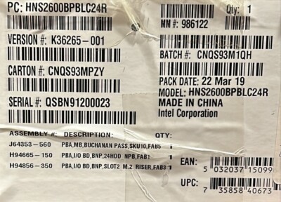 Intel HNS2600BPBLC24R Compute Module 2U Rack Socket P NEW BULK PACKAGING
