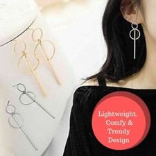Simple Punk Gold Silver Double Round Circle Long Tassel Bar Drop Dangle Earrings